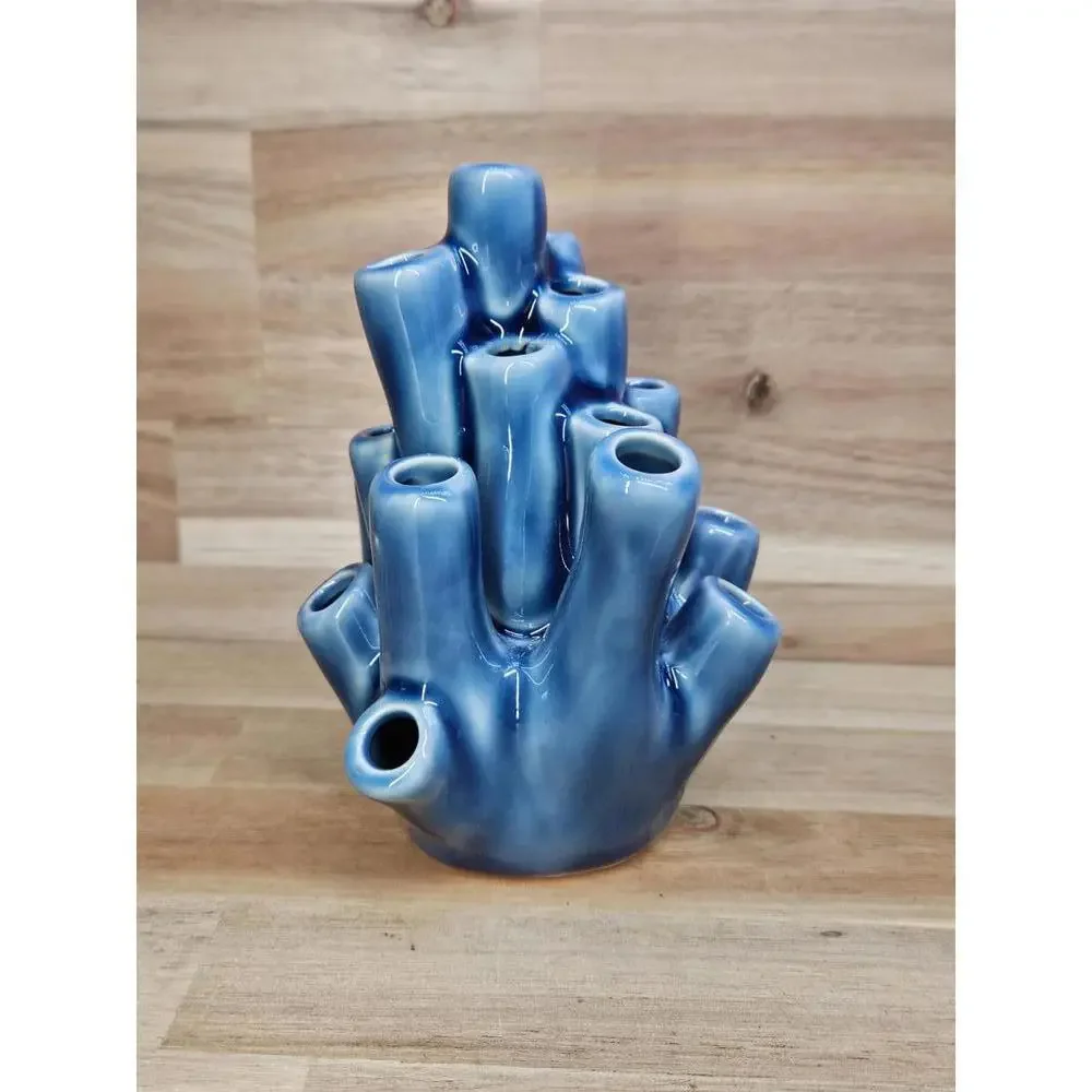 Postmodern Blue Ceramic Sea Anemone Sculpture - Organic Coastal Art Accent